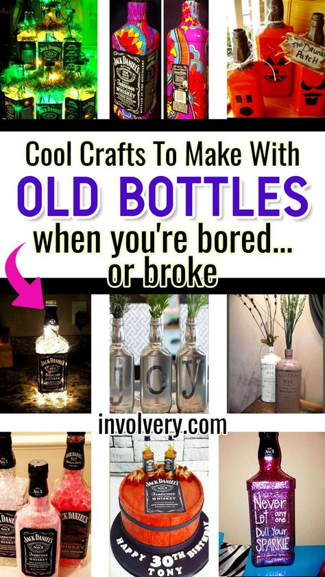 These clever crafts with old bottles are super creative and the perfect crafts to do when you're bored at home - or broke and can't afford home decor or buying gifts. If you want a romantic and THOUGHTFUL homemade gift for your boyfriend, make one of these crafts from old Jack Daniel's whiskey bottles - he will LOVE it! Whiskey Bottle Crafts, Old Liquor Bottles, Empty Liquor Bottles, Beer Bottle Crafts, Alcohol Bottle Crafts, Cool Crafts, Liquor Bottle Crafts, Wine Bottle Lamp, Recycled Wine Bottle