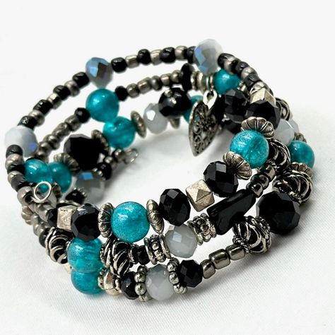 This Turquoise And Black Crystal Wrap Bracelet Is 3 Rows Of Silver Memory Wire Filled With Various Glass Beads, Crystals, And Silver Spacer Beads, Along With A Silver Heart Charm To Finish It. Adjustable Silver Beaded Heart Bracelet, Adjustable Beaded Black Heart Bracelet, Adjustable Black Beaded Heart Bracelet, Bohemian Silver Heart-shaped Beaded Bracelets, Bohemian Silver Beaded Heart Bracelets, Memory Bracelets, Memory Wire Jewelry, Crystal Wrap, Memory Wire Wrap Bracelets