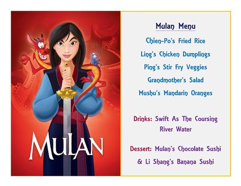 DISNEY MEAL #2 - MULAN! Has link to pictures of How the Meal Came Together & The Treat! Happiest Memories On Earth - is an awesome blog that has SO MANY Disney Meal Ideas and MORE!! Disney Movie Themed Dinner, Disney Meals, Themed Dinners Ideas, Family Movie Night Themes, Disney Movie Night Menu, Disney Themed Movie Night, Disney Movie Night Food, Pixar Studios, Disney Themed Food