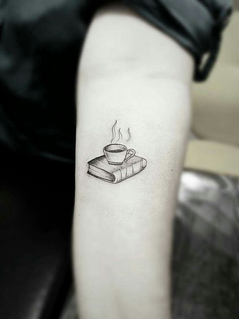 Book With Coffee Tattoo, Teacup Book Tattoo, Coffee And Book Tattoo Ideas, Simple Tattoos For Book Lovers, Teacup And Book Tattoo, Book Friend Tattoos, Book Coffee Tattoo, Coffee Book Tattoo, Coffee And Book Tattoo