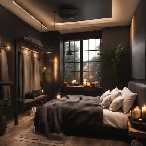 Dark Grey And Gold Bedroom, Simple Guys Bedroom, Primary Bedroom Moody, Rooms With Dark Ceilings, Dark Gray Bedroom Ideas, Brown And Black Bedroom Ideas, Black Ceiling Bedroom, Small Dark Bedroom, Dark Modern Bedroom