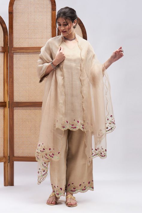 Shop for these amazing collections of Gold Pure Silk Chanderi Embroidered Resham And Sharar Border Kurta Set For Women by RoohbyRidhimaa online at Aza Fashions. Elegant Indian Suits, Aza Fashion Outfits 2024 Suits, Embroidered Suits For Women, Chanderi Suits Design, Machine Embroidery Designs For Suits, Pakistani Kurta Designs, Organza Styles, Trendy Outfits Indian, Embroidery Fashion Detail