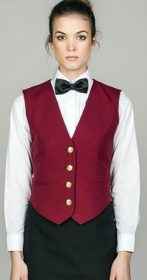 Red Vest Outfit, Waiter Outfit, Bartender Outfit, Red Vest, Women Ties, Vest Outfits, Vest Dress, White Shirt, Casino