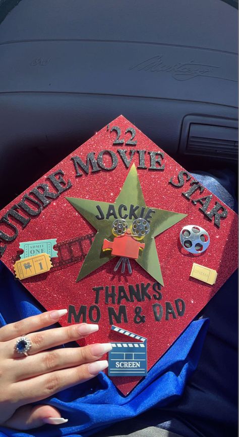 Graduation Cap Designs Acting, Actor Graduation Cap, Acting Graduation Cap, Film Major Graduation Cap, Graduation Cap Designs Film, Film Grad Cap, Horror Movie Graduation Cap, Film Graduation Cap, Simple Graduation Cap Designs