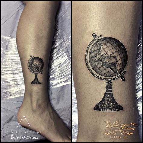 Globe tattoo in black and grey. Neo traditional style by Jorge Beccera Owl Thigh Tattoos, Globe Tattoo, Feminine Compass Tattoo, Globe Tattoos, Travel Tattoos, Metal Tattoo, Thigh Tattoos Women, Time Tattoos, Dream Tattoos