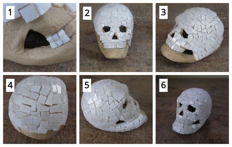 Paper Mache Skull, Halloween Mosaic, Decorating For Halloween, Diy Mosaic, Skeleton Head, Old Towels, Skull Decor, Diy House Projects, Mosaic Diy