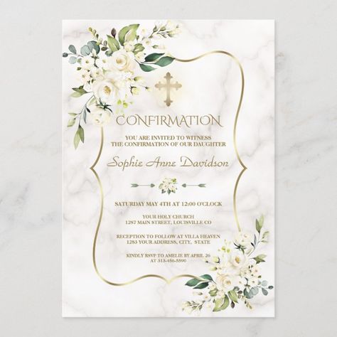 Confirmation Invitations Template, Catholic Confirmation Gifts, Confirmation Invitation, Confirmation Cakes, Confirmation Cards, White Flower Bouquet, Confirmation Invitations, Frame Floral, Baptism Invitation