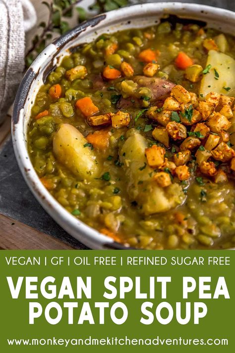 Our comforting Vegan Split Pea Potato Soup is packed with nourishing split peas, hearty potatoes, and warming spices that will leave your belly happy! #vegan #oilfree #glutenfree #plantbased | monkeyandmekitchenadventures.com Pea Potato Soup, Vegan Split Pea, Monkey And Me Kitchen Adventures, Monkey And Me, Healthy Potato, Split Peas, Soup Healthy, Healthy Soups, Sugar Free Vegan