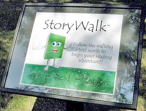 Story Walks For Kids, Storybook Walk, Storywalk Ideas, Story Walk Ideas, Literacy Outdoors, Library Courtyard, School Outdoor Area, Gold Award Ideas, Passive Programming Library