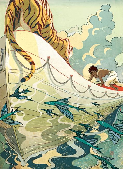 Lifeboat: Suraj Sharma and the tiger in Ang Lee’s movie. Victo Ngai, Life Of Pi, A Tiger, The New Yorker, New Yorker, A Man