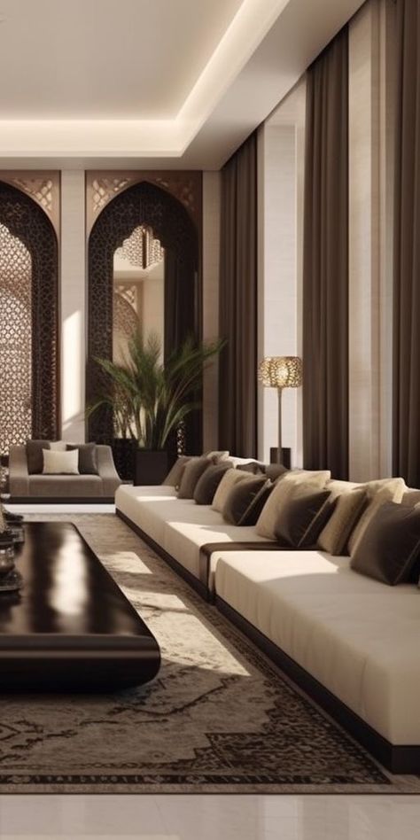 Arabian Lounge Interior Design, Arabian Modern Interior, Morocco Interior Design Modern, Arabic Luxury Interior Design, Arab Sitting Room, Arab Living Room Designs, Modern Arabesque Interior, Islamic Modern Interior Design, Arabian Style Interior Design