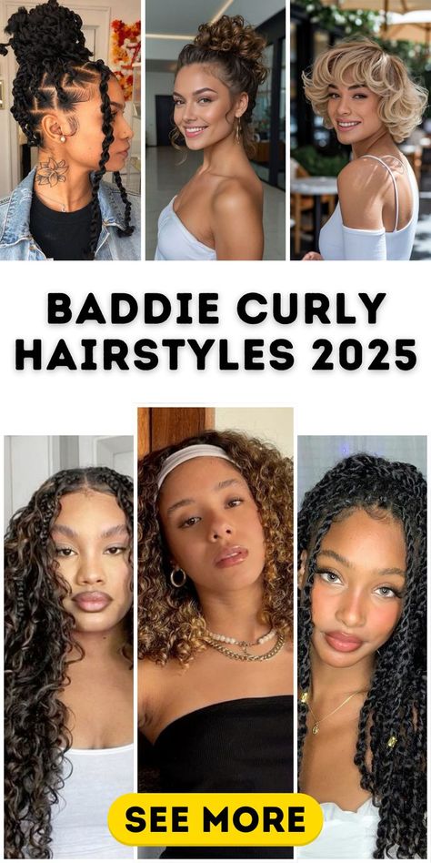 Transform your look with 22 baddie curly hairstyles for 2025, from short hair with braids to medium-length styles perfect for school. Embrace half-up looks with claw clips or opt for short buns for casual days. Slicked-back ponytails and rubber band accents make party hairstyles fun and trendy. These ideas offer a balance of natural beauty and chic design for school, parties, or everyday glam. Short Hair With Braids, Twists Short, Baddie Curly Hairstyles, Braids Protective Styles, Stylish Braids, Slicked Back Ponytail, Clip Hairstyles, Short Wavy, Claw Clips