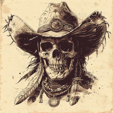 "Eternal outlaw vibes—riding through the ages with a grin that's beyond the grave. 😎💀🌾" #etchingart #skullart #cowboyvibes #westernart #outlawstyle #vintageart #timelessstyle #inkart #graphicart #artdaily #creativeexpression #uniqueartwork #skulllove #deathandbeauty #westernculture #cowboyhat #drawingoftheday #artisticmood #instaartwork #artistsoninstagram #illustrationartists #westernwear #oldwest #retroart #midjourney #midjourneyart 😎💀🌾🎨🖋️ Country Tattoo Drawings, Western Tooled Tattoo, Men’s Western Arm Tattoo, Cowboy Themed Tattoo, Western Outlaw Tattoo, Wild West Tattoo Ideas, Hunt Showdown Tattoo, Indian Skull Tattoo Design, Outlaw Wallpaper