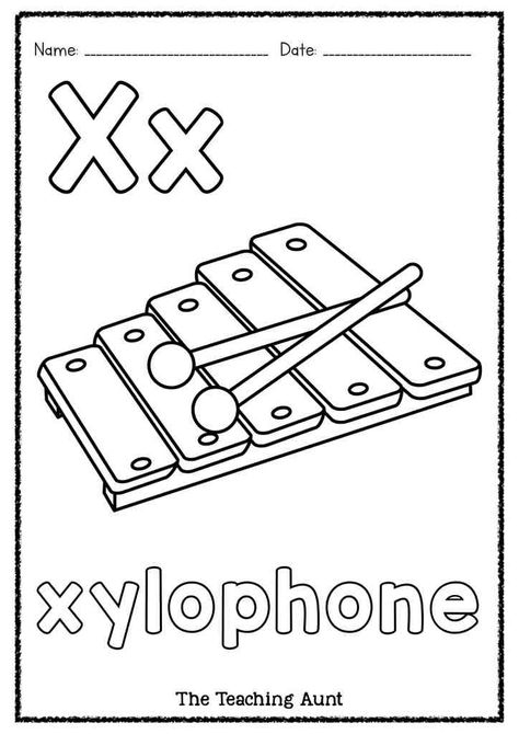 X is for Xylophone Art and Craft - The Teaching Aunt X For Alphabet, X Worksheets For Preschool, X Coloring Page, X Is For Xylophone, Sounds Worksheet, Preschool Letter Crafts, Free Printable Alphabet Worksheets, Color Worksheets For Preschool, Kids Handwriting Practice