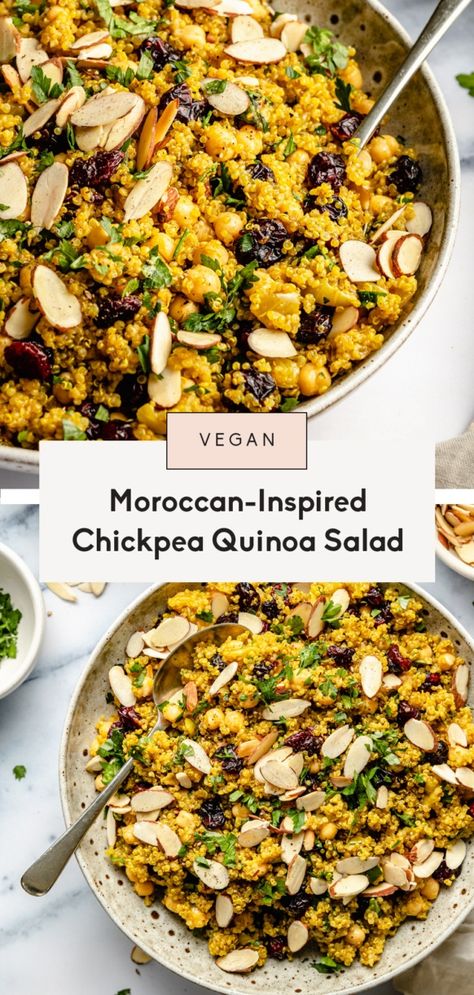 Sweet & savory 30-minute Moroccan-inspired chickpea quinoa salad made in one pot. This vegan chickpea quinoa salad recipe packs plenty of plant-based protein and delicious, global flavors from cumin, turmeric and cinnamon. The perfect vegetarian meal to prep for lunch! Seasoned Quinoa Recipes, Vegan Salad Protein, Wfpb Quinoa Recipes, Vegan Protein Salad Recipes, Moroccan Quinoa Salad, Protein Meal Prep Vegetarian, Italian Quinoa Recipes, Quinoa Lentil Recipes, Quinoa Slow Cooker Recipes