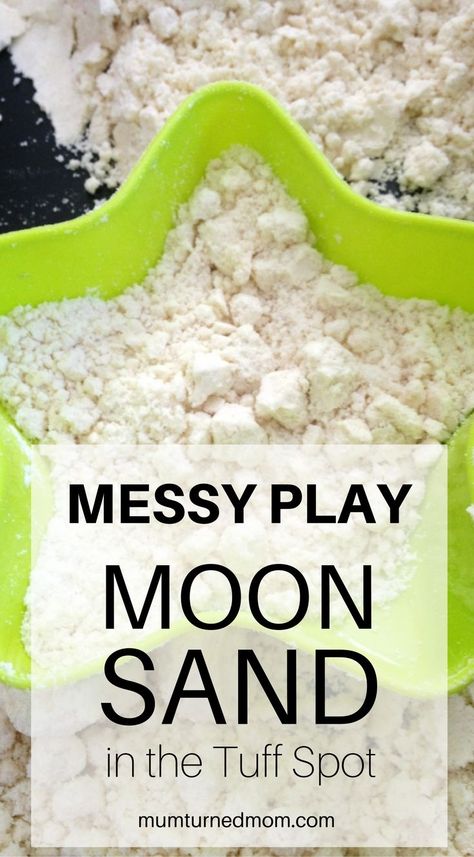 Messy Play - Moon Sand in the Tuff Spot: simple recipe and play ideas. Tuft Tray Ideas Messy Play, Moon Tuff Tray Ideas, Moon Tuff Tray, Space Messy Play Ideas, Tuff Tray Messy Play, Easy Messy Play Ideas, Space Messy Play, Messy Tray Ideas, Simple Tuff Tray Ideas Toddlers