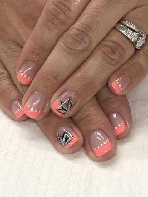 Coral Tropical Summer French Gel Nails Vacation Nails French Tips Tropical, French Tip Beach Nail Designs, Tropical French Nails, Tropical French Tip Nails, Coral French Nails, Beach French Tip Nails, Nails For Florida, Tropical Vacation Nails Simple, Uñas Color Coral