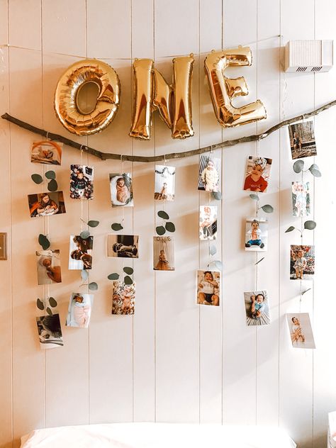 One Year Old Birthday Party Picture Display, Birthday Photo Set Up, Picture Wall First Birthday, 2nd Birthday Photo Display, Photo Display For First Birthday, First Birthday Photo Decorations, 1st Birthday Collage Ideas, Picture Collage For Birthday Party, First Birthday Wall Decor