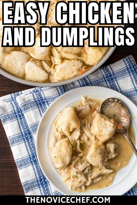 This easy Chicken and Dumplings recipe is a perfect 30 minute dinner for busy weeknights. With tender dumplings and flavorful rotisserie chicken, it’s a quick and easy dinner idea that brings comfort food to your table in no time! Chicken Dumplings With Biscuits, Easy Chicken Dumplings Recipe, Dumplings With Biscuits, Quick Chicken And Dumplings, Easy Chicken Dumpling Recipes, Dumplin Recipe, Creamy Chicken And Dumplings, Easy Chicken And Dumplings, Dumpling Recipes