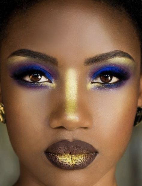 Dark Blue And Gold Makeup, Navy Makeup Looks, Blue And Gold Makeup, Blue Lipstick Makeup, Pole Costume, Navy Makeup, Gold Cut Crease, Art Gala, Fair Costume