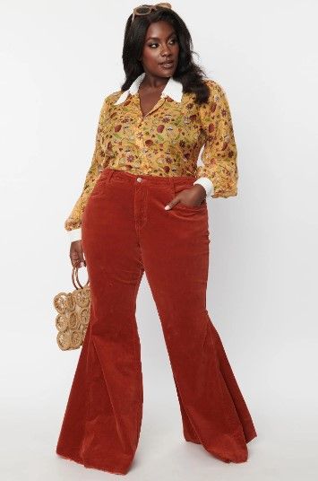 Plus Size Corduroy Pants - bell bottoms vintage inspired Plus Size Bell Bottoms Outfit, 70s Plus Size Fashion, Plus Size Corduroy Pants, Plus Size 70s Fashion, Bodysuit Outfit Plus Size, Plus Size Bell Bottoms, 70s Aesthetic Fashion, Plus Size Corduroy, 70s Women Fashion