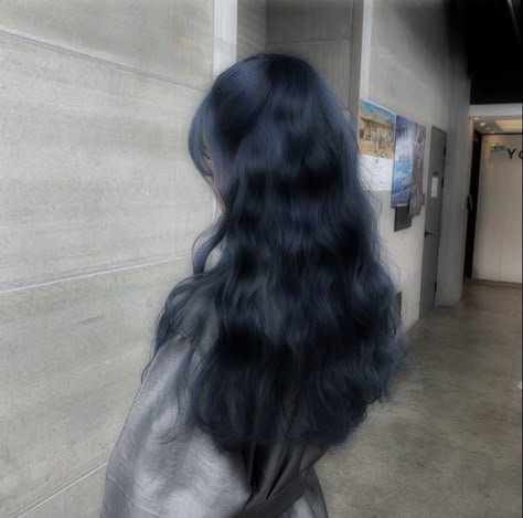 Midnight Blue Hair Aesthetic, Long Blue Hair Aesthetic, Blue Hair Aesthetic Faceless, Navy Blue Hair Aesthetic, Bun Hairstyles Kids, Long Dark Blue Hair, Dusty Blue Hair, Black Hair Japanese, Hairstyles Medium Length Hair