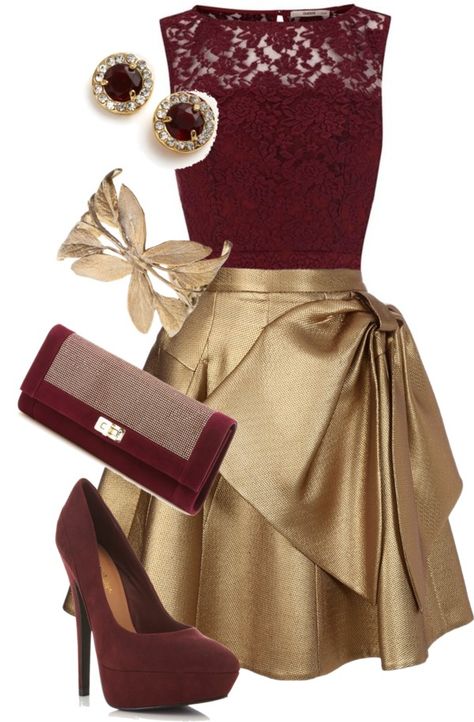 "Maroon and Gold: Minnesota fancy" by allij28 ❤ liked on Polyvore Metallic Pleated Skirt Outfits, New Years Eve Party Outfits, Rich Outfits, Casual Christmas Party Outfit, Burgundy Pumps, Metallic Pleated Skirt, Cute Christmas Outfits, Moms Fashion, Trendy Business Casual