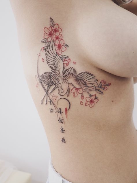 Japanese Crane Tattoo Women, Crane Cherry Blossom Tattoo, Spider Lily Rib Tattoo, Japanese Saying Tattoo, Japanese Side Tattoo, Thai Temple Tattoo, Fine Line Asian Tattoo, Shikata Ga Nai Tattoo, Dainty Japanese Tattoo