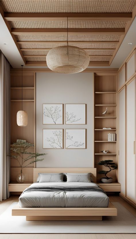 Japanese Modern Bedroom Design, Room Ideas Aesthetic Japanese, Japanese Low Bed Frame, Japanese Inspired Modern Home, Japandi Villa Interior Design, Japandi Bedroom Aesthetic, Low Natural Light Bedroom, Zen Japanese Bedroom, Japandi Design Bedroom