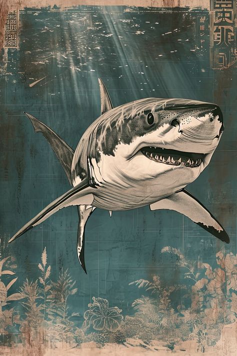 Shark art poster inspired in the style of Japanese-inspired motifs, He Jiaying, cardboard, RTX, Winslow Homer, cross-hatching. Vintage Shark Poster, Shark Poster Aesthetic, Hammerhead Shark Art, Sharks Poster, Shark Posters, He Jiaying, Shark Poster, Shark Painting, Shark Illustration