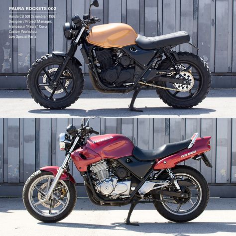 HONDA CB500 - Before and After - Scrambeler, Cafe Racer Cb500 Cafe Racer, Brat Bike, Honda 750, Retro Bikes, Honda Cb 500, Cafe Racer Moto, Moto Scrambler, Мотоциклы Cafe Racers, Custom Motorcycle Helmets