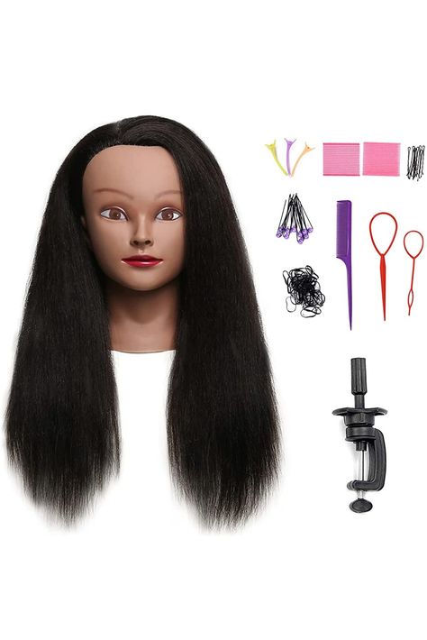 SOPHIRE 100% Real Hair Mannequin Head Training Head with stand, 18&#34; Hairdresser Cosmetology Mannequin Manikin Training Practice Head Doll for Female Hairstyling - Black Hair Mannequin, Medium Layered Haircuts, Fulani Braids, Mannequin Head, Round Face Haircuts, Mannequin Heads, Real Hair, Hair Strand, Doll Hair