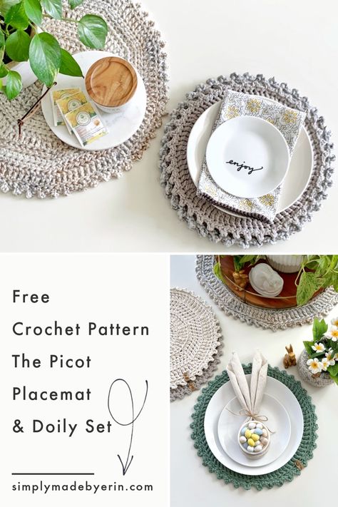 The Picot Placemat Crochet Pattern worked up in the colors fossil, clay, cream, and lichen.  Styled on a white tabletop with white plates, plants, napkins, and faux florals for Easter. Crochet Round Border, Placemat Crochet Pattern Free, Crochet Trivet, Placemat Crochet, Placemat Patterns, Crochet Placemat, Crochet Placemat Patterns, Crochet Hot Pads, Crochet Cup Cozy