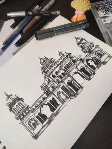 Black and white sketch Albert hall museum mesmerising monument Famous Monuments Sketches, Historical Monuments Drawing, Monuments Sketches, Monument Sketch, Monuments Drawing, Albert Hall Museum Jaipur, Sketches Landscape, Monument Ideas, Pencil Sketches Landscape