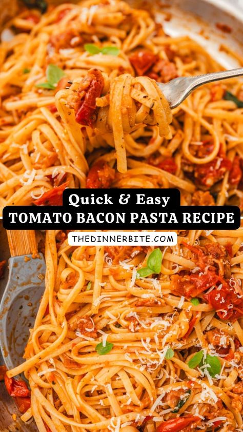 Craving a delicious pasta dish with a kick of flavor? 😋 Try our Easy Tomato Bacon Pasta! This dinner bite is perfect for a quick weeknight meal with family or friends. Don't miss out on this scrumptious pasta recipe! 🍝👩‍🍳 Bacon Sundried Tomato Pasta, Bacon And Tomato Pasta, Pasta And Bacon Recipes, Pasta With Diced Tomatoes, Bacon Tomato Pasta, Bacon Spaghetti, Bacon Pasta Recipes, Pink Sauce Pasta, Pasta With Bacon