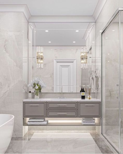 Classic Marble Bathroom Design, Neo Classic Bathroom Interior Design, Neoclassical Bathroom Interior, White Marble Luxury Bathroom, Bathroom Neoclassic Interior, Bathroom Remodel Luxury, تصميم دورة مياه, Bathroom Decor Luxury, Bathroom Redesign