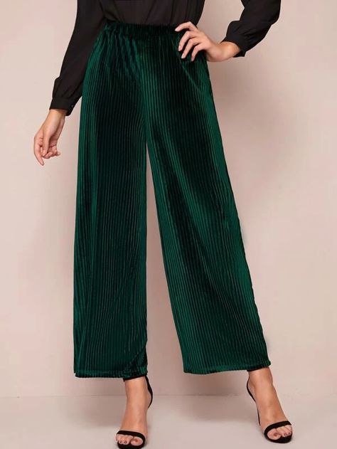 Elastic Waist Ribbed Velvet Palazzo Pants | SHEIN USA Velvet Palazzo, Palazzo Pants Outfit, Net Leggings, Womens Palazzo Pants, Winter Sewing, Dresses Indian, Velvet Fashion, Designer Dresses Indian, Girl Coat