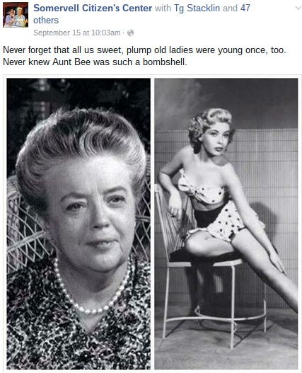 Does an image show a young Frances Bavier, the actress who played Aunt Bee Taylor on 'The Andy Griffith Show,' posing for a pin-up style photograph?  NOT...Frances Bavier (Aunt Bea) Aunt Bea, Frances Bavier, Klasik Hollywood, Andy Griffith Show, The Andy Griffith Show, Andy Griffith, Celebrities Then And Now, Young Celebrities, Classic Movie Stars