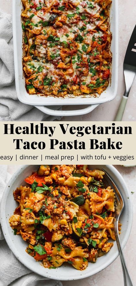 This vegetarian taco pasta bake is made with crumbled tofu, plenty of vegetables, taco sauce, salsa, and melty cheddar cheese. It’s such an easy, delicious, and nutritious dinner idea that is perfect for meal prep and batch cooking! Quick And Easy Recipes Vegetarian, Taco Bake Vegetarian, Vegetarian Pasta For A Crowd, Taco Pasta Vegetarian, Vegan Taco Bake Casserole, Batch Cook Vegetarian, Vegetarian Taco Bake Casserole, Meatless Pasta Dinner Recipes, Vegan Taco Bake