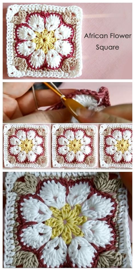 Patrón de ganchillo sin afganos de flores africanas de 8 pétalos - Video Flower Afghan, Granny Square Pattern Free, Crocheted Squares, Crochet African Flowers, Flower Granny Square, Granny Square Crochet Patterns Free, African Flowers, Crochet Blocks, Granny Square Blanket