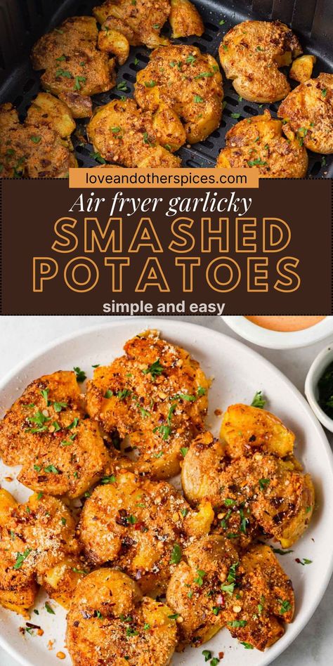 Crispy Air fryer smashed potatoes that are creamy and fluffy on the inside, are a cinch to make. They're so flavorful and make a perfect snack or side dish for any meal. Served with a dipping sauce, this will be your favorite smashed potato recipe ever! Cheesy Air Fryer Potatoes, Smashed Sweet Potatoes Air Fryer, Loaded Smashed Potatoes Air Fryer, Smashed Baby Potatoes Air Fryer, Smashed Mini Potatoes Air Fryer, Teeny Tiny Potatoes Recipes Air Fryer, Air Fryer Smashed Potatoes, Smashed Sweet Potatoes, Air Fry Potatoes