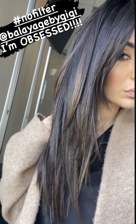 Dark Hair Color Ideas 2023, Summer Hair Trends 2023 Balayage, Dark Hair Color Ideas For Straight Hair, Summer Dark Hair Color, Dark Mid Length Hair With Layers, Dark Hair Ideas For Summer, Cold Concert Outfit Night, Brown Hair With Black Tips, Brunette Hair Cuts Long