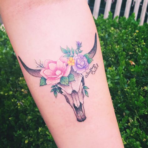 Bull skull with flowers around it, as a memorial piece for my sister Bull that past away. Flower Bull Tattoos, Bull With Flowers Tattoo Design, Bull Skull Tattoo Women, Cow Skull Tattoo Flowers, Bull Skull Tattoo With Flowers, Bull Skull With Sunflowers Tattoo, Bull Skull Tattoo, Cow Skull Tattoos, Tattoo With Flowers