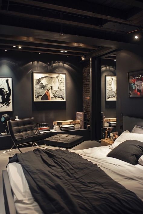 Mans Bedroom Decor, Black Room Ideas For Men, Male Studio Apartment, Black Room Ideas, Temporary House, Manifesting Home, Male Bedroom Ideas, Dark Deco, Sons Room