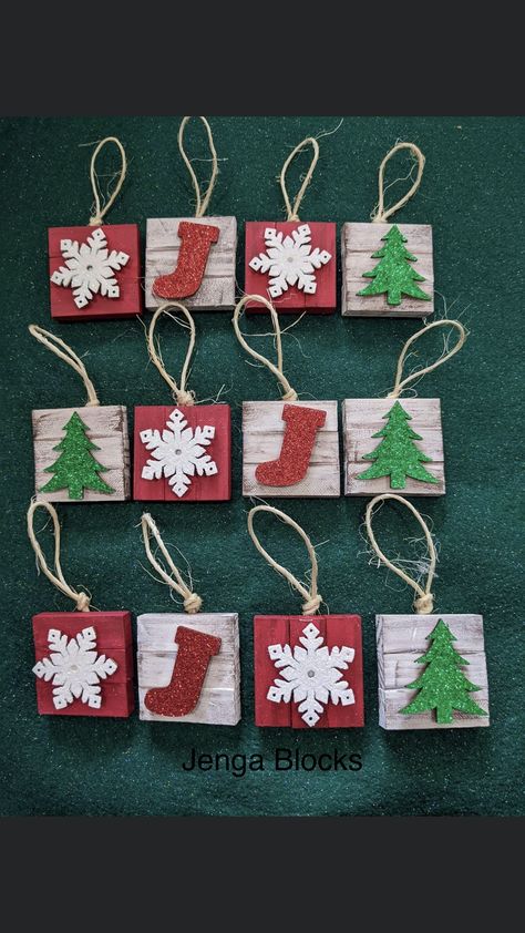 Mini Wood Cube Crafts, Christmas Present Ornament, Jenga Block Christmas Ornaments Diy, Jenga Block Holiday Crafts, Wood Block Christmas Ornaments, Dollar Tree Jenga Block Ornaments, Dt Jenga Block Crafts, Mini Jenga Block Crafts Christmas, Jenga Blocks Christmas Crafts