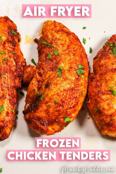 Frozen chicken tenders cooked and topped with freshly chopped parsley. Chicken Tenders In Oven, Air Fryer Frozen Chicken Tenders, Pressure Cook Frozen Chicken, Tenderloin Recipes Oven, Chicken Tenders Oven, Baking Frozen Chicken, Awesome Chicken, Chicken Breast Tenderloins, Air Fryer Chicken Tenders