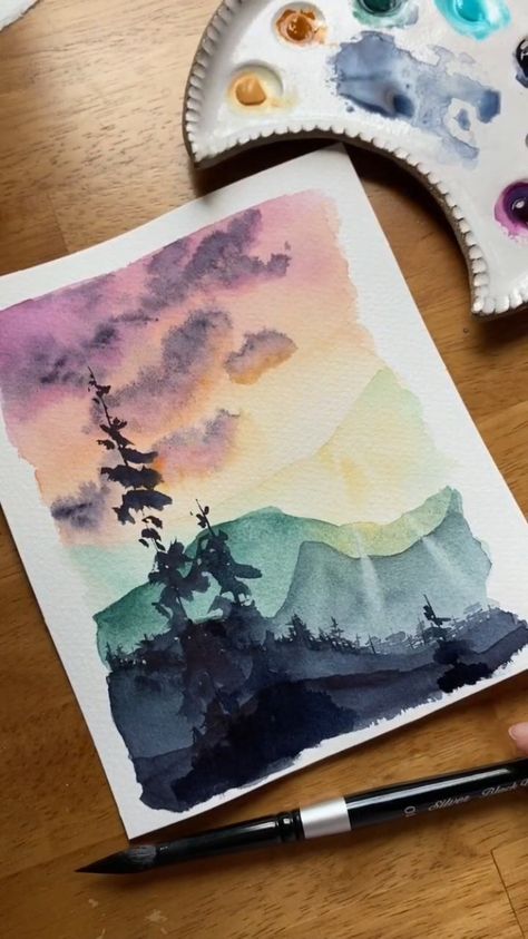 Hawaiian Watercolor Paintings, Easy Watercolor Tutorial For Beginners, Watercolor Lessons For Beginners, Water Color Painting Easy For Beginners Step By Step, Watercolour Painting Ideas Creative, Easy Watercolor Landscapes For Beginners, Watercolor Painting Videos, Water Colour Art Easy, Easy Aquarell Painting