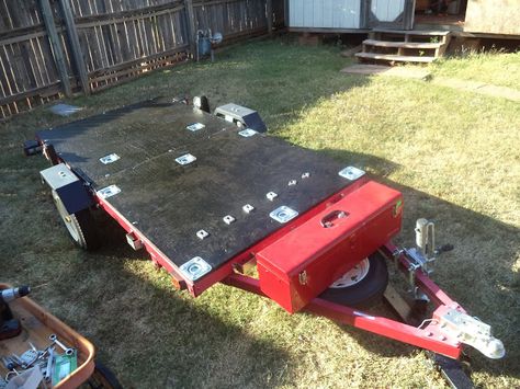 Harbor Freight Trailer Mods, Harbor Freight Folding Trailer, Harbor Freight Trailer, Folding Utility Trailer, Camping Gear Trailer, Trailer Deck, Camping Trailer Diy, Motorcycle Camping Gear, Kayak Trailer