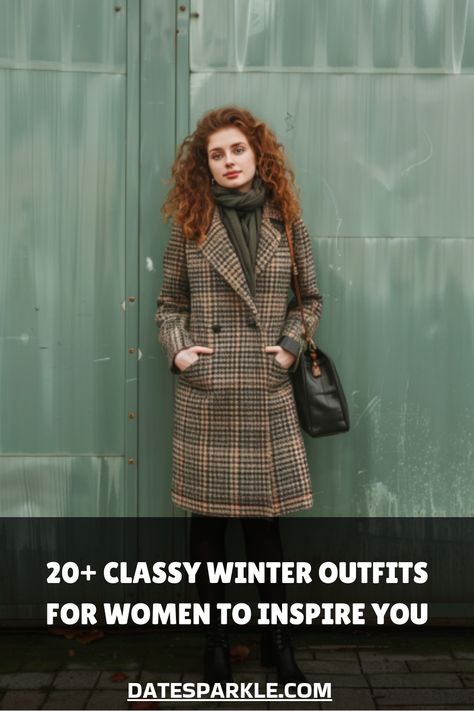 Woman in a plaid coat and scarf posing in front of a green wall, promoting winter fashion inspiration. Winter Brunch Outfit Classy Chic, Winter Brunch Outfit Classy, Brunch Outfit Classy, Winter Brunch Outfit, Winter Outfit Ideas For Women, Winter Brunch, Brunch Outfit Winter, Winter Outfits For Women, Classy Winter Outfits