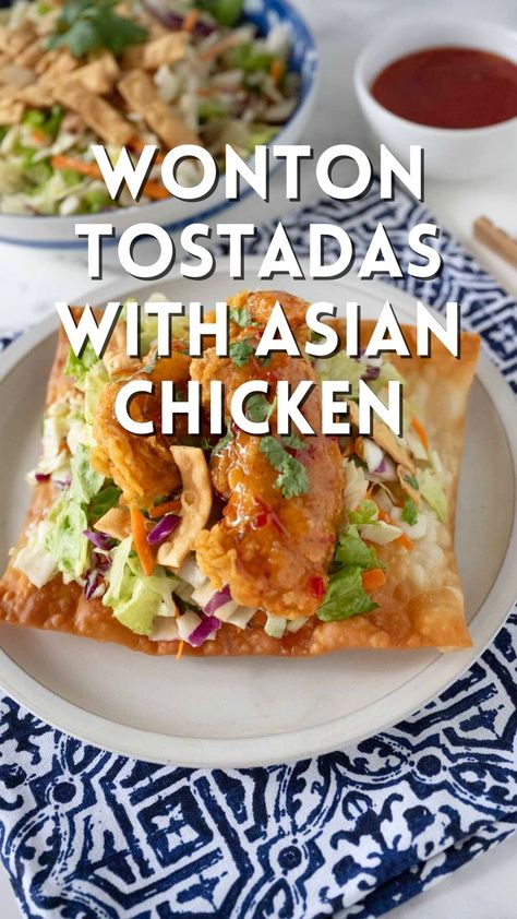 Asian Chicken Wonton Tostadas Asian Fusion Tacos, Fun Easy Dinner Ideas For Family, Asian Wonton Tacos, Asian Inspired Food, Fusion Dinner Recipes, Recipes With Fresh Ingredients, Appetizers For Dinner Main Dishes, Asian Mexican Fusion Recipes, Mexican Asian Fusion Food